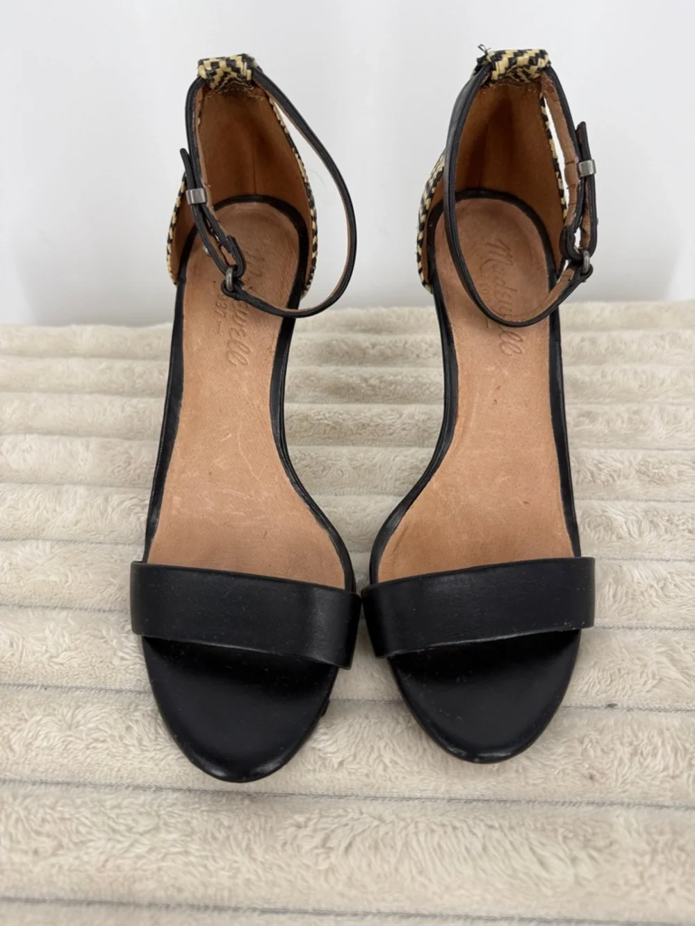 Madewell Marcel Open Toe Raffia Heel Sandals in black leather size 6.5